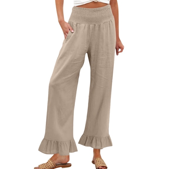 Lumtrix Women Wide Leg Palazzo Pants Smocked High Waisted Ruffle Hem Cotton Linen Summer Pants With Pockets Beige S
