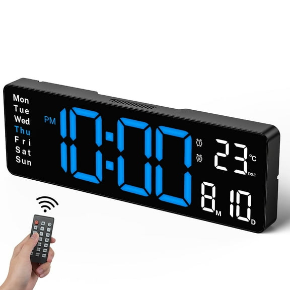 Klamerit 15.3 Inch Digital Wall Clock,Large Display Wall Desk Alarm Clock with Calendar Temperature Date for Living Room,Blue