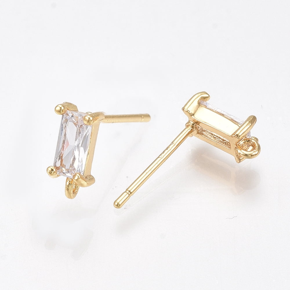 50pcs Brass Stud Earring Findings Cubic Zirconia and Loop Nickel Free Real 18K golden Plated Rectangle Clear 8.5x4mm Hole: 0.8mm Pin: 0.8mm
