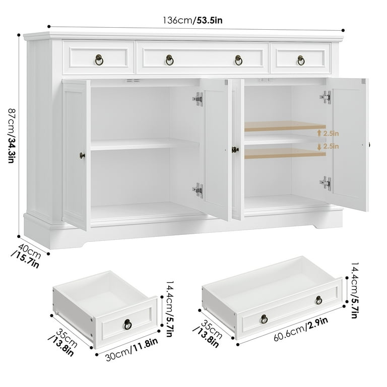 Homfa White 53.5” Buffet Cabinet, 3 Drawers & 4 Doors, Adjustable