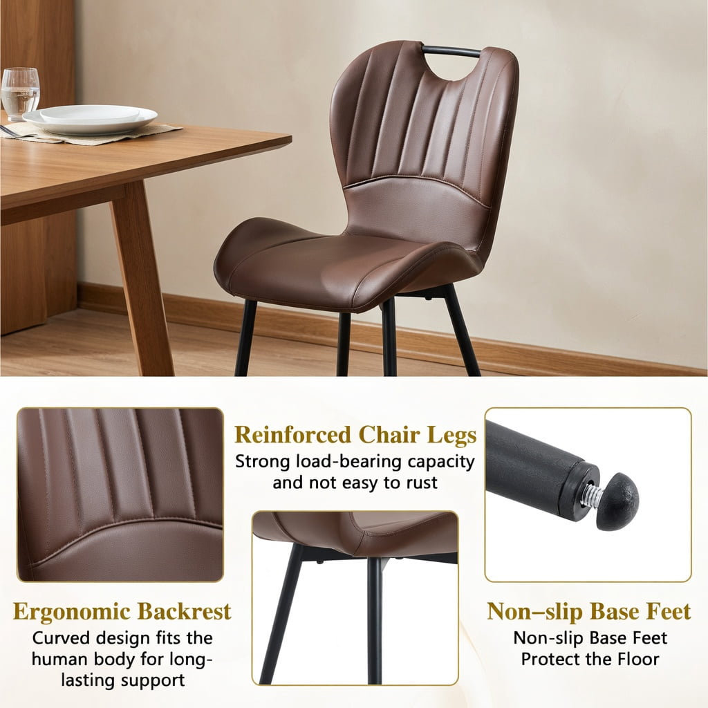 Hommoo Set of 4 Modern PU Leather Dining Chairs with Black Metal Frame, Ergonomic Wide Seat, Adjustable Leveling Feet & Integrated Handle for Kitchen, Office, or Bedroom Use, Brown