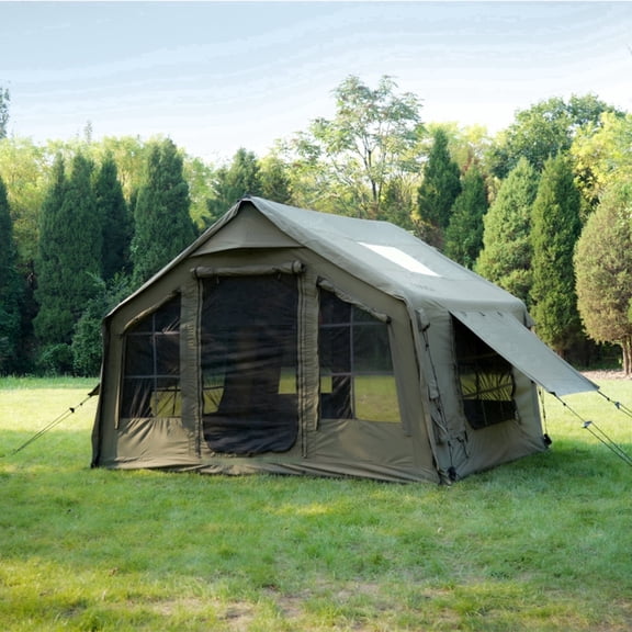 Coody Premium Camping Tents with Stove Jack and Pump, Inflatable Cotton Canvas Air Beam Glamping Tent for 4-Person Family