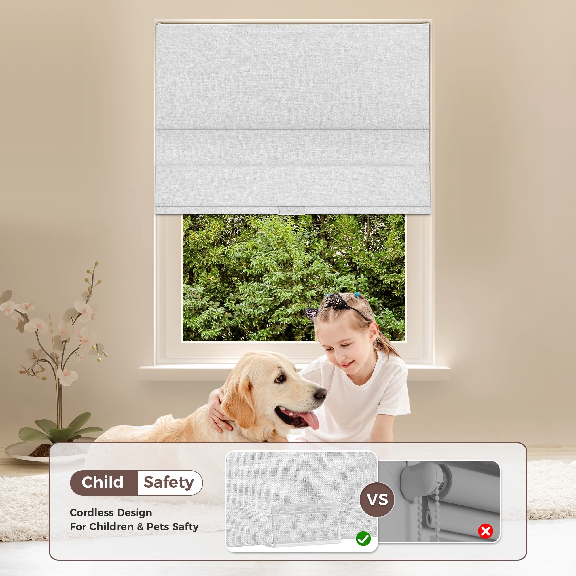 Allesin Zen No Drill No Tools Cordless Roman Shades for Windows, Blackout Thermal Insulated Room Darkening Window Blinds, Linen Fabric, Fits Bedroom, 34" W x 64" H, Grayish White