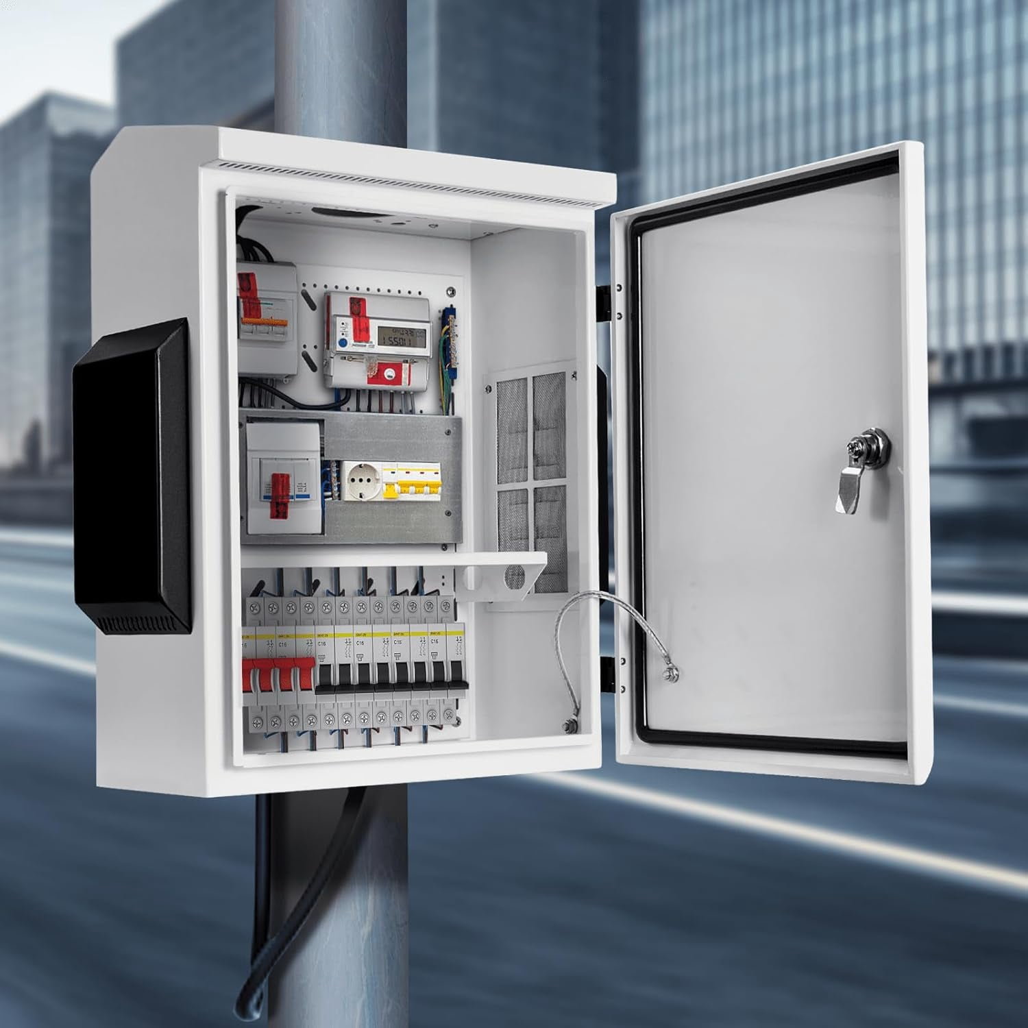 Outdoor Electrical Box, Cold-Rolled  Plate,  Alloy  Beam, One- Ventilation Design, IP65 , Wall/Pole Mounted (15.7" x 11.8" x 5.9")