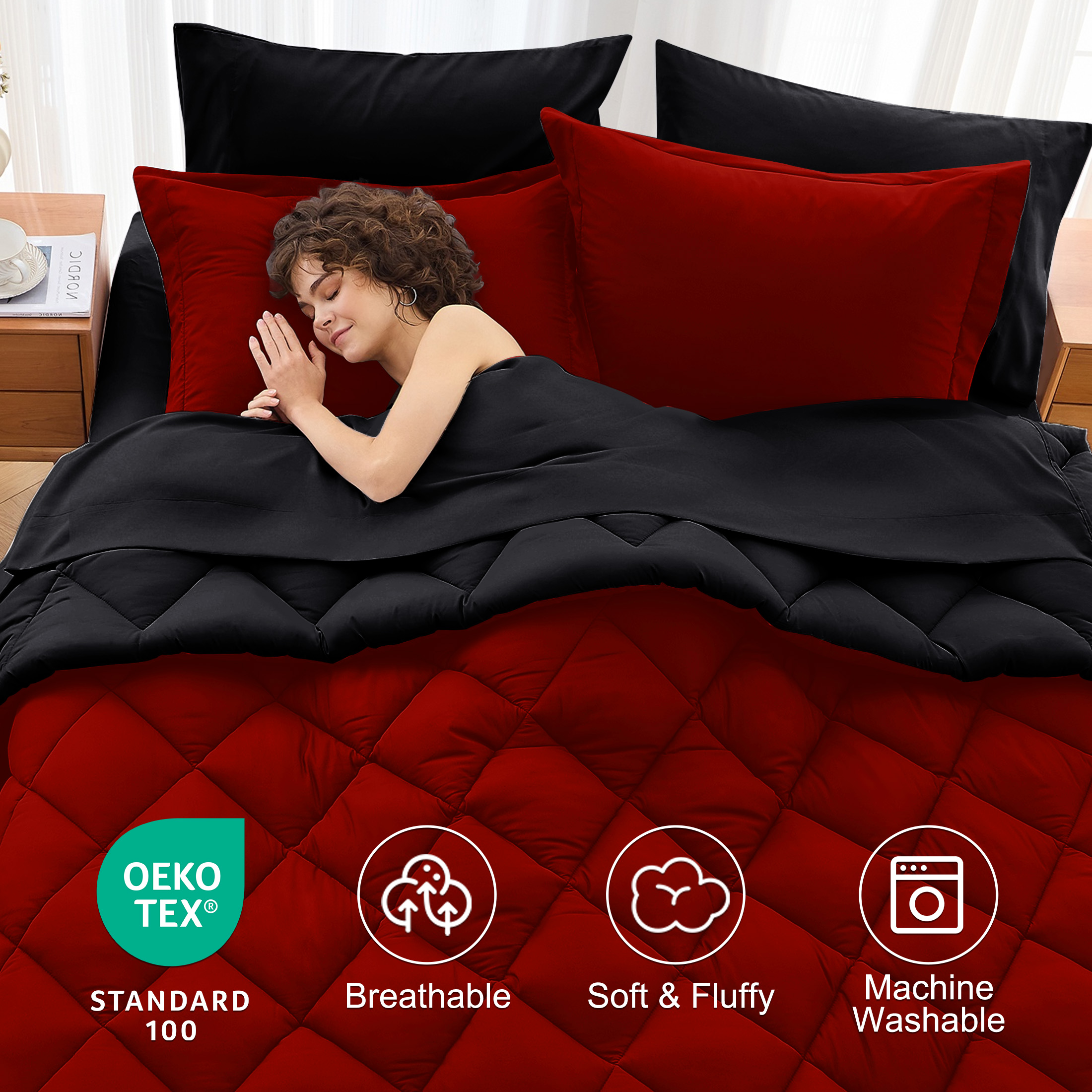 Sasttie 7-Piece Queen Comforter Set, Red & Black photo 2