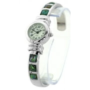 Ladies Silver-tone Abalone shell clubbing cuff watch 21mm 8mm thick case. Mop dial, 8mm wide silver-tone Abalone cuff fits 6.5 inches wrist.