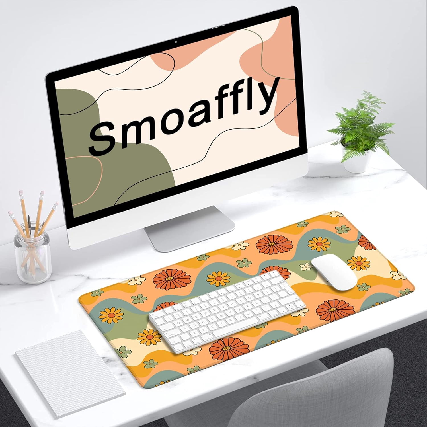 Desk Pad,70s Retro Floral Desk Mat Extended Large for Office Work & Game,Non-Slip Rubber Base and Stitched Edges,Suitable for Offices,Keyboards,Computers and Laptops 31.5" X 15.7"