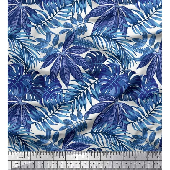 Soimoi Blue Japan Crepe Satin Fabric Tropical Leaves Printed Fabric 1 Yard 42 Inch Wide