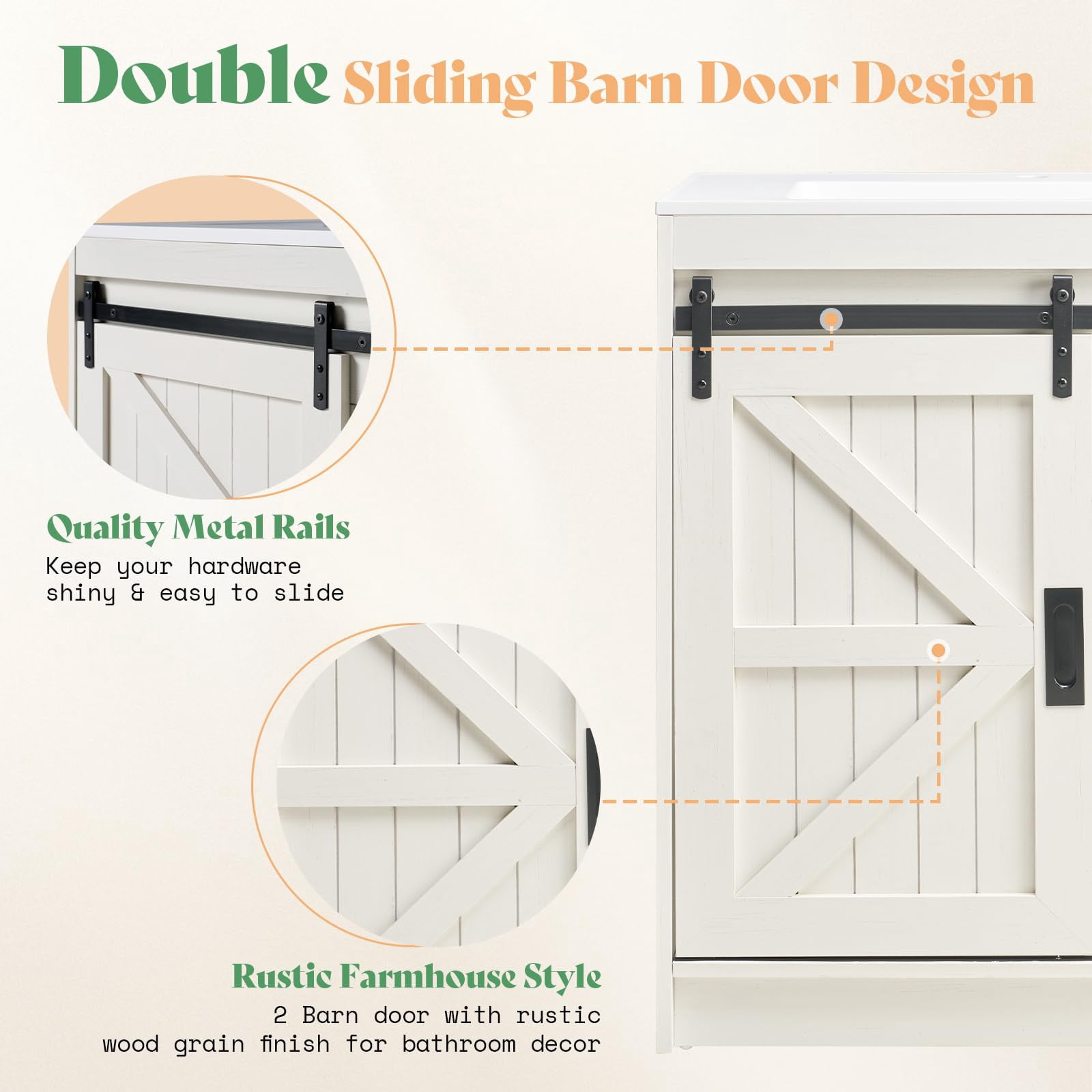 VanAcc 61" Farmhouse Double Bathroom Vanity with Sink Combo, Dual Basin Bathroom Storage Cabinet with Sliding Barn Doors & Drawers, White