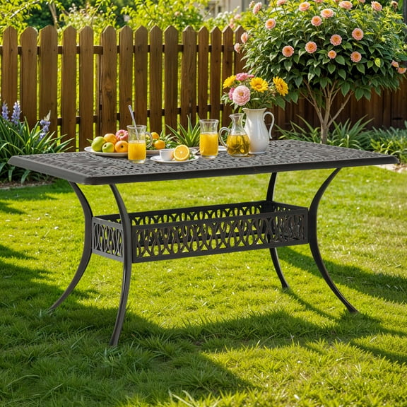 Dextrus 59'' Outdoor Patio Dining Table, Weather-Resistant Cast Aluminum Dining Table with Umbrella Hole - Black