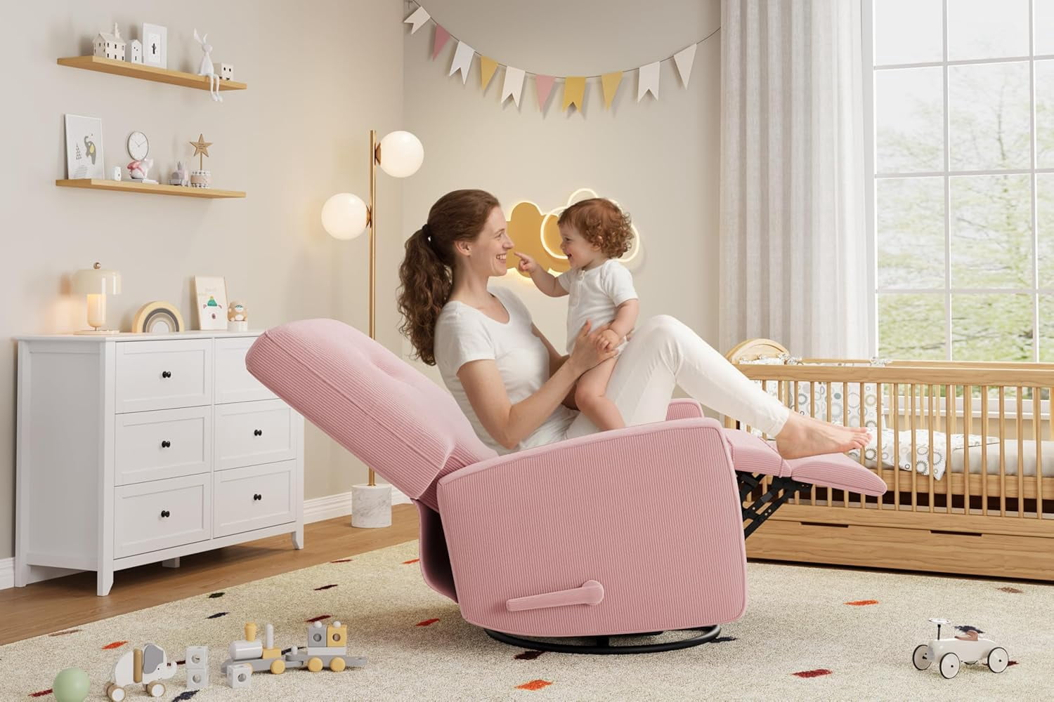 Recliner Chairs, Swivel Rocker Recliner, Glider Recliner Nursery Chair for Adults, 360° Swivel Glider Rocking Chair for Living Room, Bedroom, Office, RV, Small Spaces, Corduroy, Pink