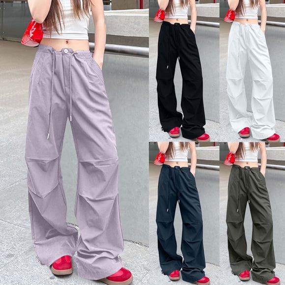 Wiyuqeen Parachute Pants for Women Cargo Pants Baggy Y2K Pants Drawstring Elastic Waist Sweatpants Solid Wide Leg Pants with Pokcet