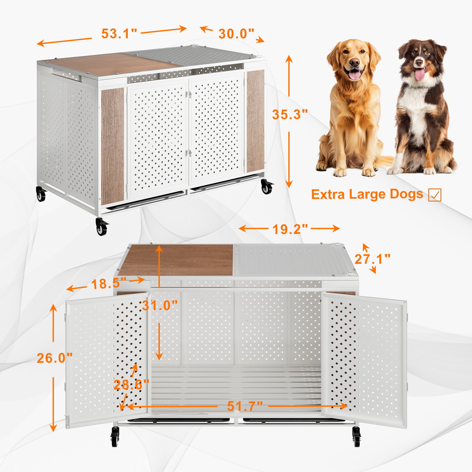 Snuowu  54 Inch Heavy Duty Dog Crate Furniture with Wheels,Indestructible Metal Dog Cage for Large and Medium Dogs, Extra Large XL XXL Dog Crate with Removable Tray.