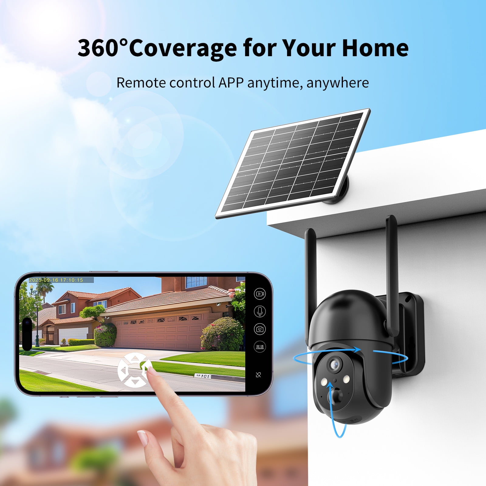 Conico 4G LTE Solar Cellular Security Camera, Black, 2K PTZ Wireless Outdoor Camera with Full-Color Night Vision, AI Human Detection, No WiFi Needed