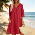 thumbnail image 4 of Atogsazn Women's V Neck Linen Midi Dress Flowy Short Sleeve Button Rolled Dresses A-Line Sundress Summer Red XXL Fashion, 4 of 5
