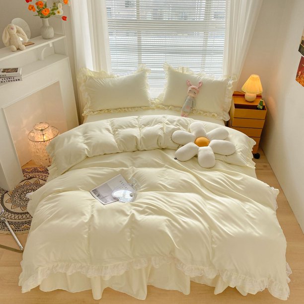 Falda de cama con volantes de encaje hecha a mano, pequeña y sencilla, juego de cama de cuatro piezas