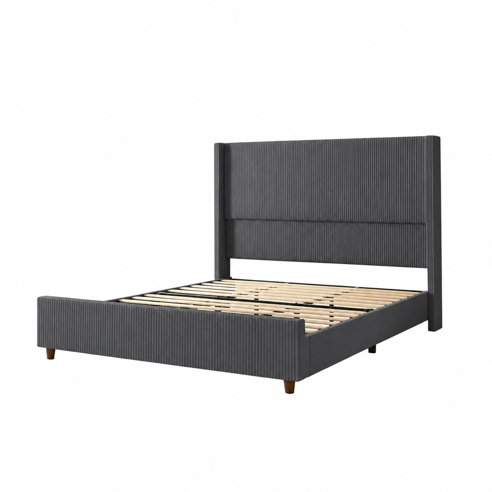 Leumius Full Size Bed Frame with Padded Headboard, Luxury Thick Base Bed with Extra-high Wingback Vertical Stripes, Sturdy Solid Wood Slats and Legs,Dark Gray