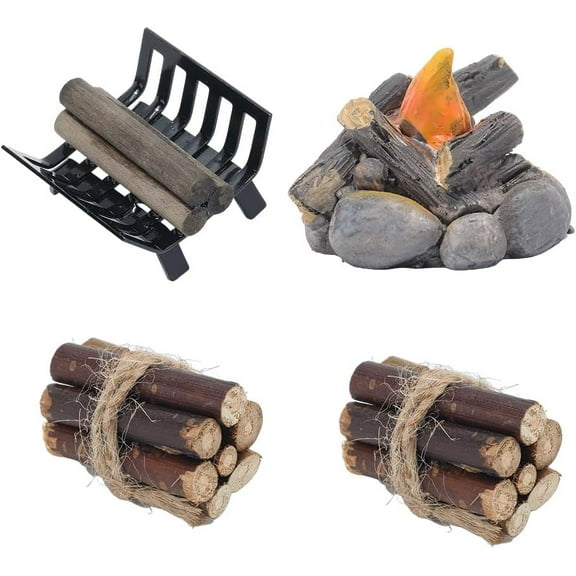 4Pcs Miniature Campfire Mini Dollhouse Bonfire Model Fire Wood Iron Resin Micro Landscape Tree Stump Fairy Garden Stone Bench Figurines for Photo Props Tiny House Christmas