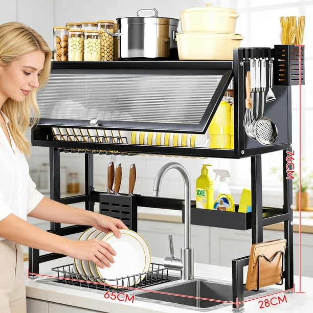 Escurridor de Trastes 2 Niveles con Puerta, Organizador de Cocina sobre Fregadero, Gran Capacidad para Platos, Vasos y Utensilios, Ahorro de Espacio para Cocinas Pequeñas (Negro, 65-85cm),nege