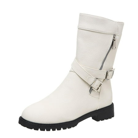 Lilgiuy Women Shoes Retro Western Boots Casual Warm Low Heels Mid-calf BootsWhite 7(39) Winter Clothes for 2022