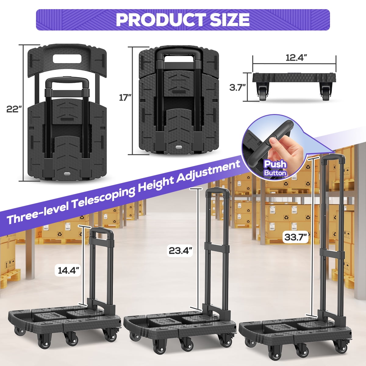 TNTANTS Folding Hand Truck, 500 LB Heavy Duty Portable Dolly Cart, 6 Wheels Collapsible Luggage Trolley with 3 Elastic Ropes, Hand Cart for Travel, Moving, Shopping, Black