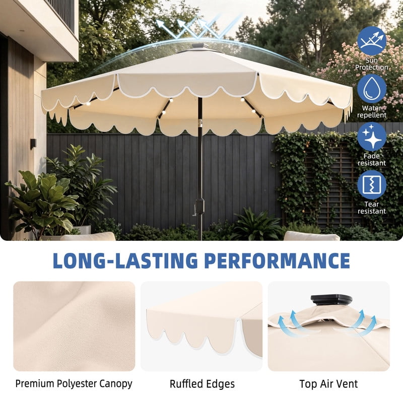 LIVIZA 10 Ft Solar Patio Umbrella with 24 LED Light, Outdoor Umbrella with 8 Reinforced Ribs for Garden, Backyard, Pool,Beige