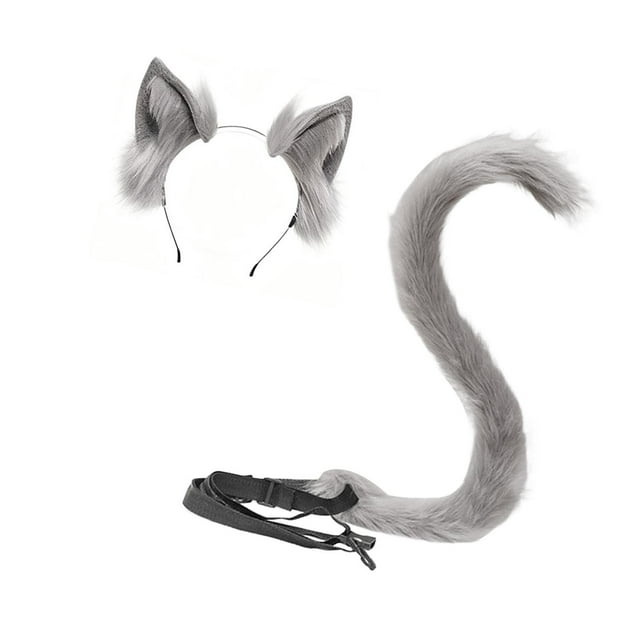 Conjunto de disfraz con pinza para el pelo y cola de orejas de gato, regalos y accesorios de animales para disfraces y cosplay. Gris