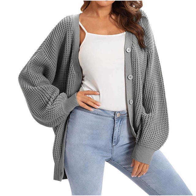 Long Cardigan Mode Femmes Décontracté Manches Longues Col en V Bouton Chandail Uni Hauts Dames Womens Cardigans en Liquidation