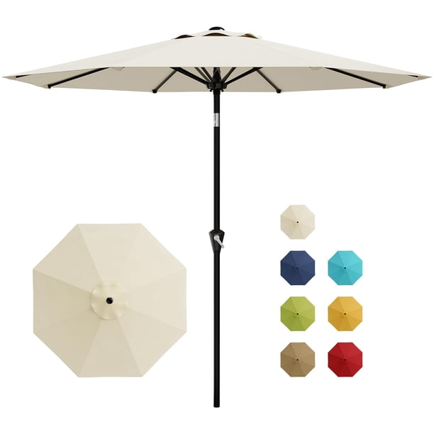 QinaQin Sombrilla para patio de 10 pies, paraguas de mesa para exterior con manivela suave, inclinación con botón y 8 varillas resistentes, protección UV e impermeable para jardín o terraza