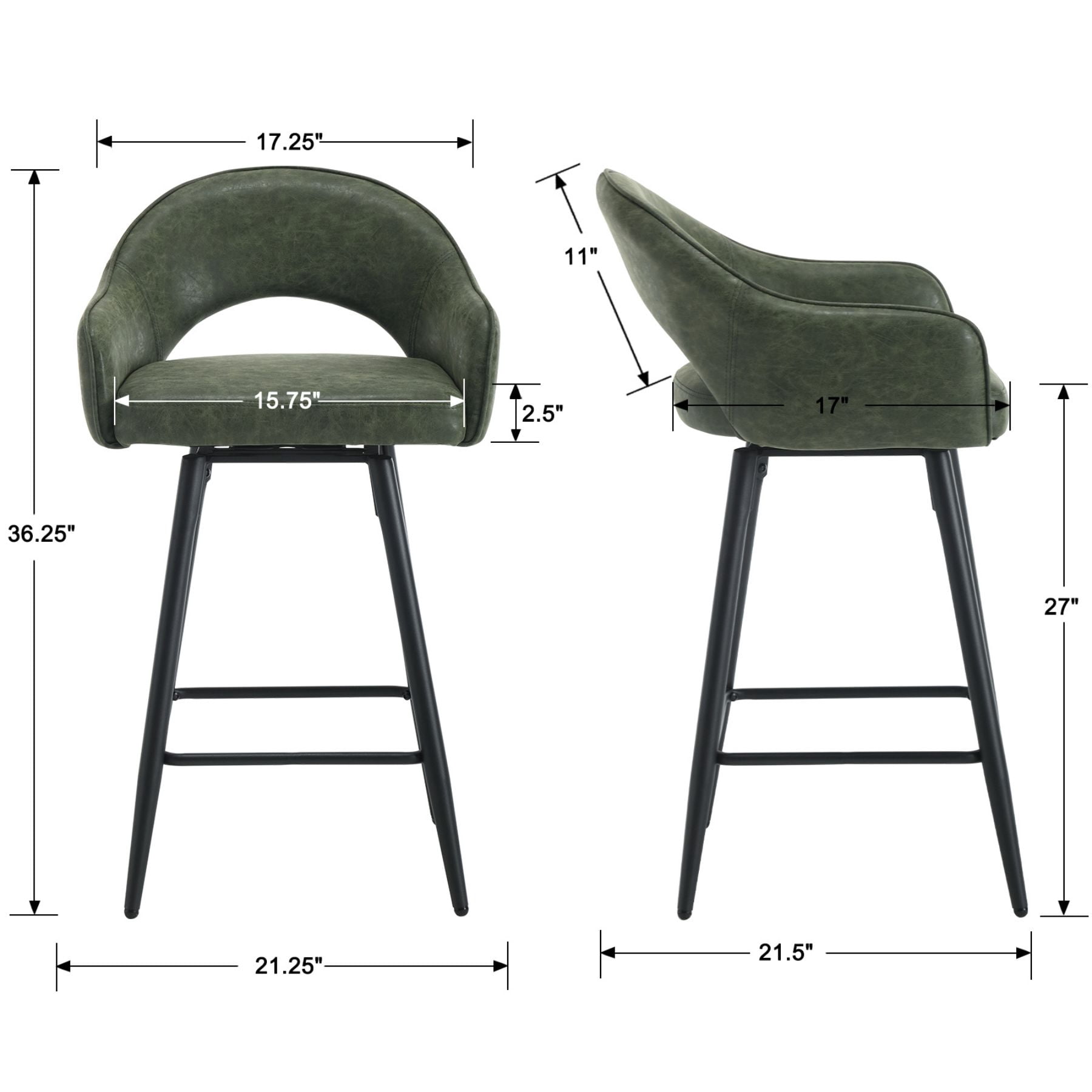 27" Modern Swivel Bar Stools Set of 2, PU Upholstered Counter Height Stools with Metal Legs, Hollow Curved Backrest for Kitchen Island, Home Bar, Bistro, Green