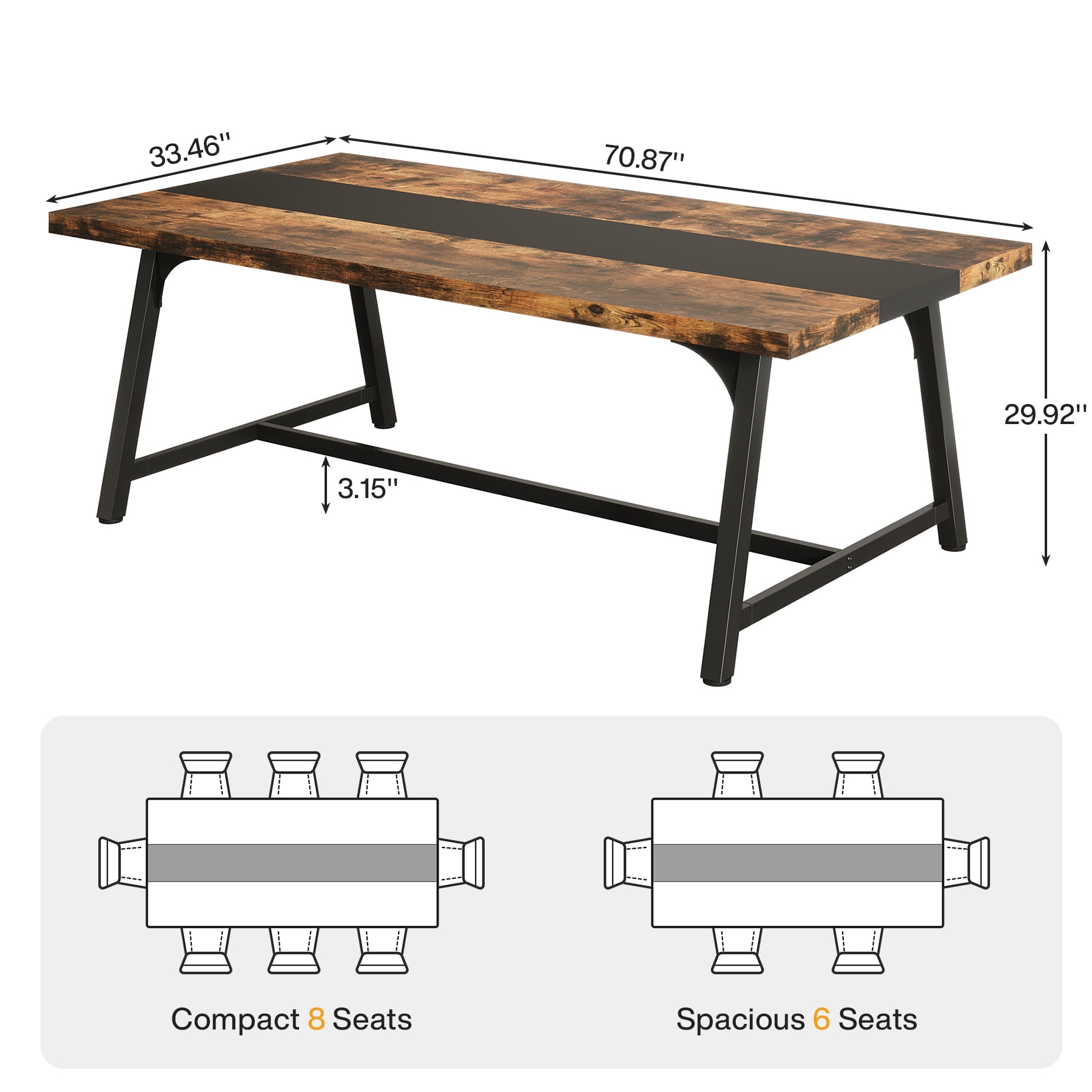 MAYEERTY 71 Inch 6-8 Person Dining Table, Rustic Brown & Black Multifunctional Table for Kitchen, Office & Conference