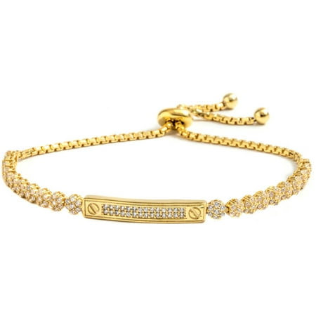 Pori Jewelers CZ 18kt Gold-Plated Sterling Silver Bar Friendship Bolo Adjustable Bracelet