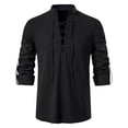 thumbnail image 6 of Rexolia Mens Linen V Neck Lace Up Shirt Retro Long Sleeve Tie Cuff Vintage Casual Boho Top Black 3XL, 6 of 7