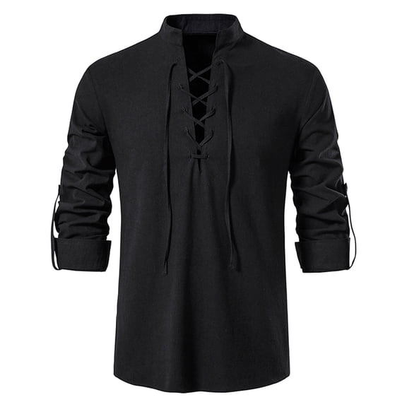 Kixjoy Black Shirts for Men Linen Lace Up Henley Shirt Long Sleeve Vintage Lounge Basic Blouse Cozy Trendy Summer Top , Black M