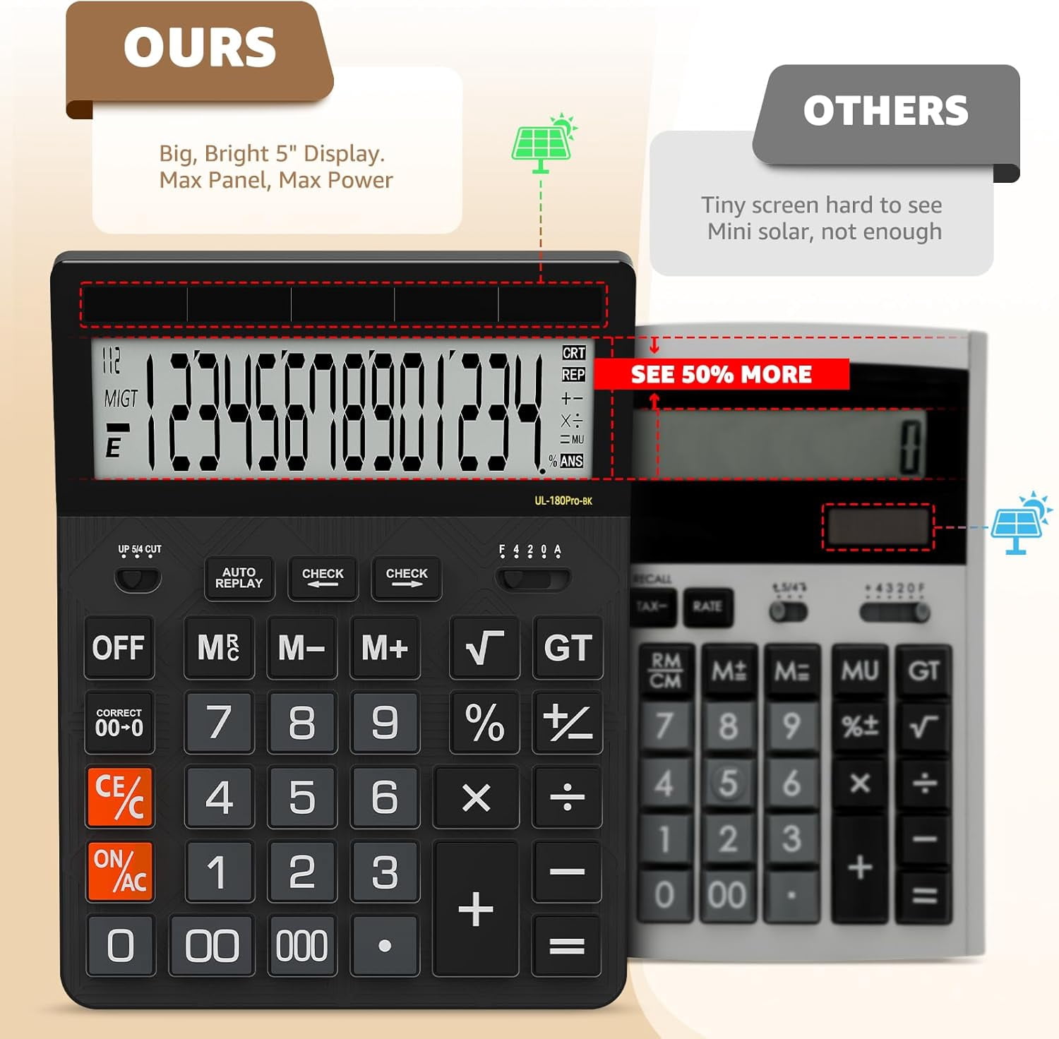 Calculators Desktop, 2026 Upgrade 14 Digit Large Size Calculator with 5-Inch LCD Display and Solar Power, Office for Desk (Black)