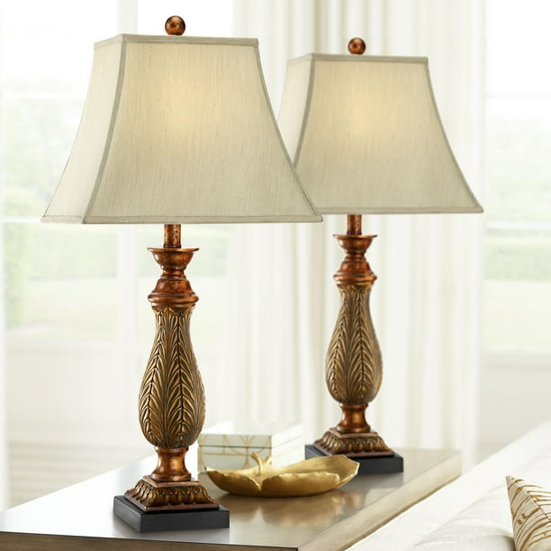 Regency Hill Traditional Table Lamps Set Of 2 Two Tone Gold Leaf Linen Rectangular Bell Shade For Living Room Family Bedroom Walmart Com Walmart Com