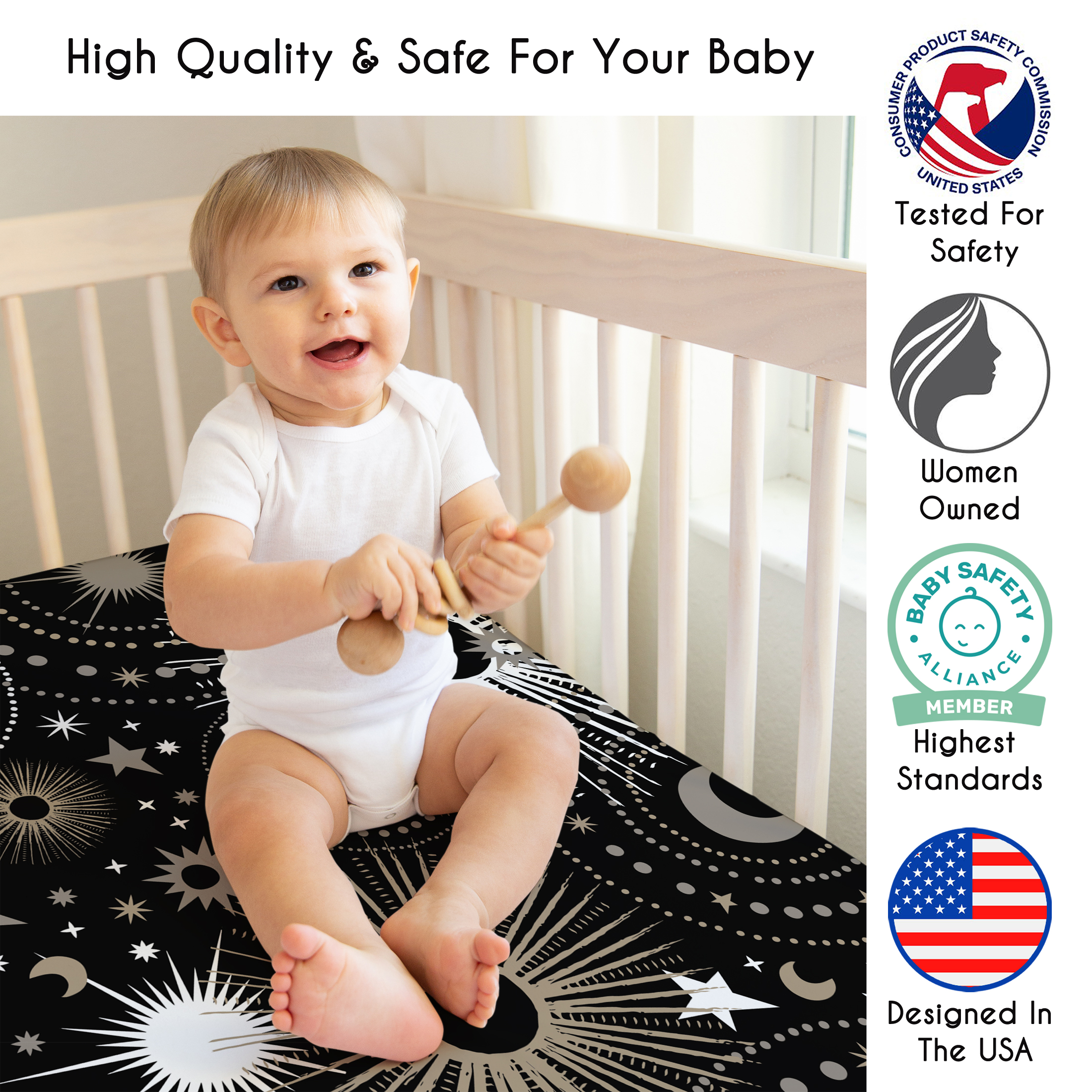 Sweet Jojo Designs Celestial Moon and Stars Black and Gold Boy, Girl, Unisex/Gender Neutral Fitted Crib Sheet