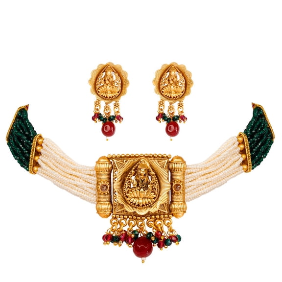 PADMAAY® Temple jewelry necklace choker set | Golden coating Pure brass alloy with premium white and green beads