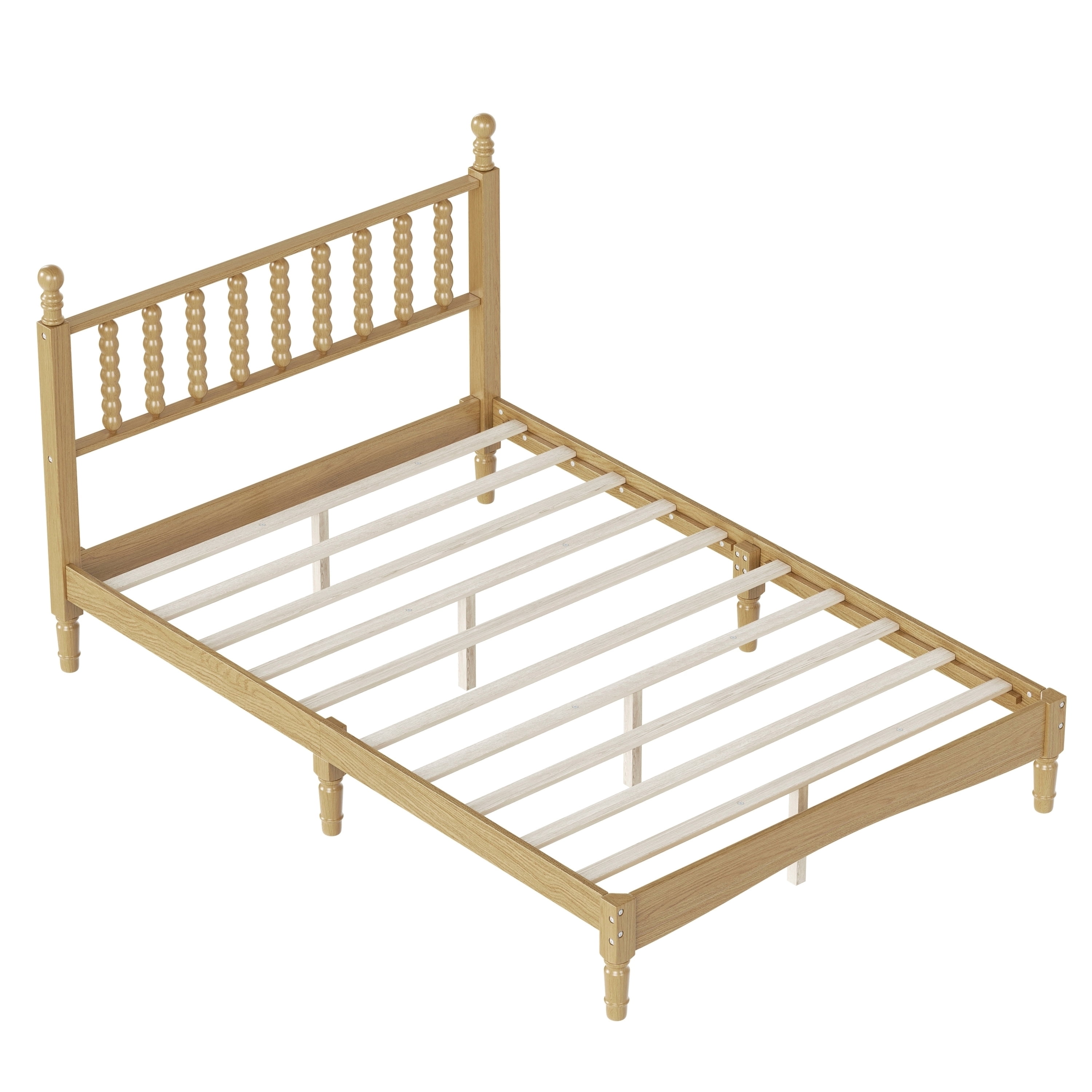 Euroco Wood Full Size Platform Bed, Retro Style Bed with Gourd Shaped Headboard, Natural