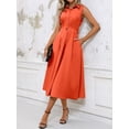 thumbnail image 3 of Orange Solid Color Minimalist Stand Collar Sleeveless A-Line Midi Dress For Women, 3 of 7