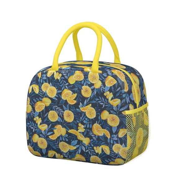 Lunch Bag Lunch Box for Women Reusable Insulated Lunch Bags,Water-Resistant Lemon Dark Blue Cooler Lunch Tote Bag, Large Capacity for Work Travel Picnic