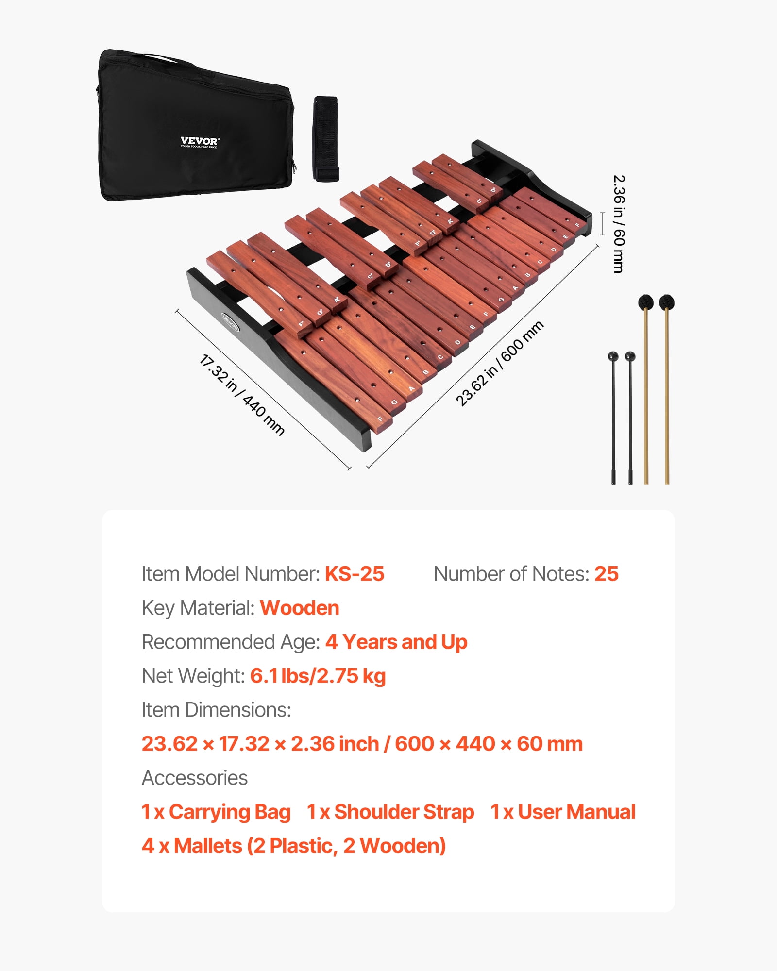 VEVOR Glockenspiel Xylophone, 25 Notes, Wooden Professional Xylophone Percussion Instrument, with 4 Mallets, Carrying Bag, Beginner Glockenspiel Musical Instrument Kit for Adults and Kids Students