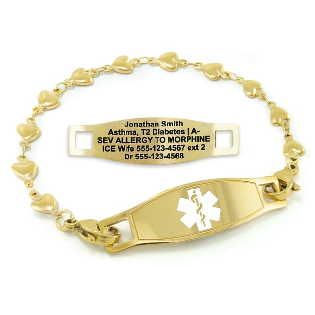 MedicEngraved Yellow Gold Stainless Steel Custom Medical Alert Bracelet - 5mm Heart Link