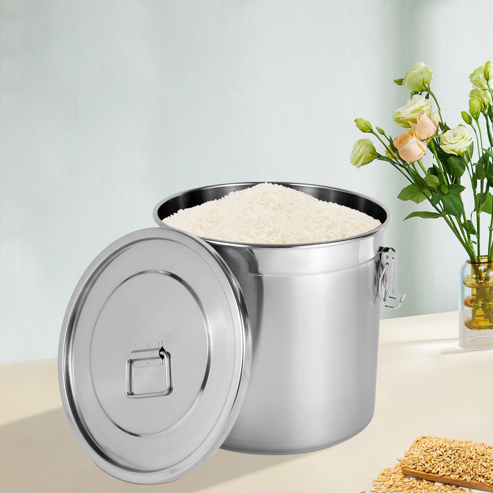 21L Silver Stainless Steel Dry/Wet Food Storage Container Airtight Canister W/ Handles for Restaurants