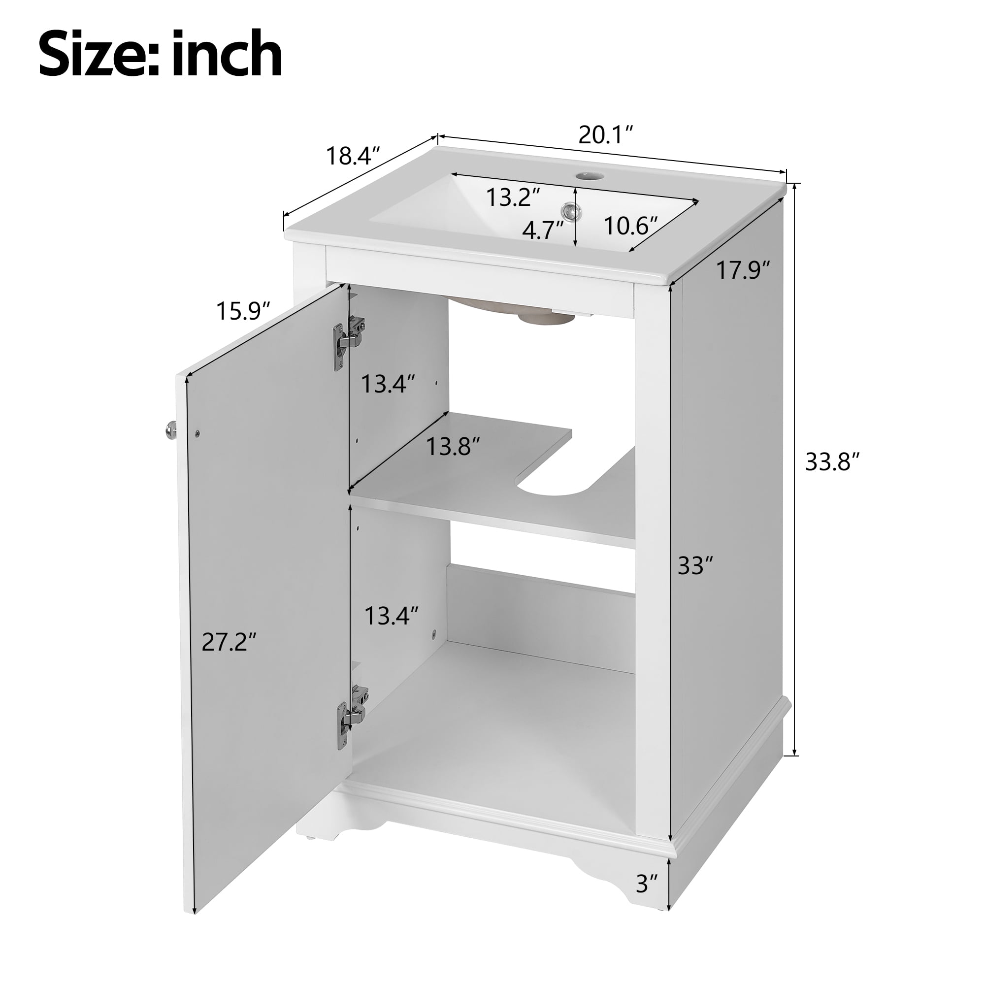 Euroco 20-inch Bathroom Vanity with Ceramic Sink, Freetanding Single Vanity Set with Soft Closing Door, adjustable shelf, Modern Style, White.