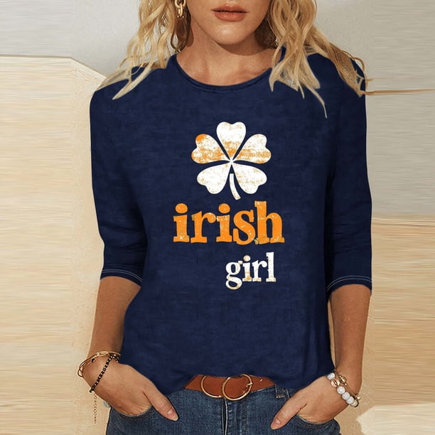 TaTaai Women St. Patrick's Day Printed 3/4 Sleeve Round Neck Tops Casual Loose Fashion Blouses Soft Stretchy Breathable Daily Holiday Party Wear Gift