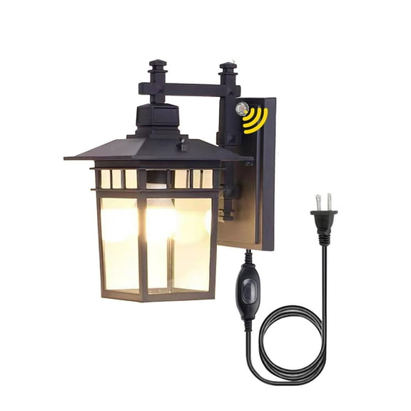 Kiven Waterproof Outdoor Wall Light Fixtures Dusk-to-Dawn, Plug-in Wall Mount Lantern Light with Glass Lampshade & E26 Socket, Industrial Porch Light for Entryway House Garage Patio,Black