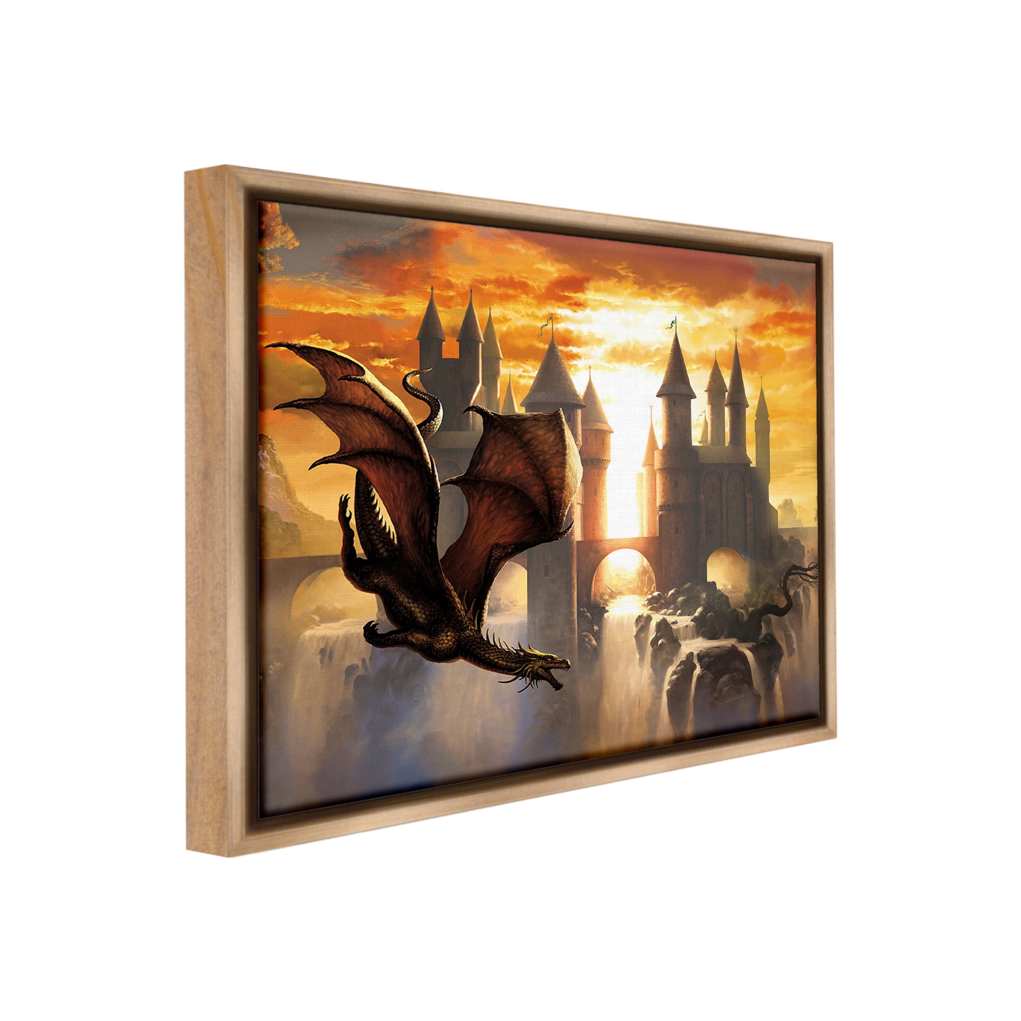 Stupell Industries Dragon & Castle Waterfall Fairy Tales & Fantasy Painting Brown Floater Framed Canvas Art Print Wall Art, 21 x 17
