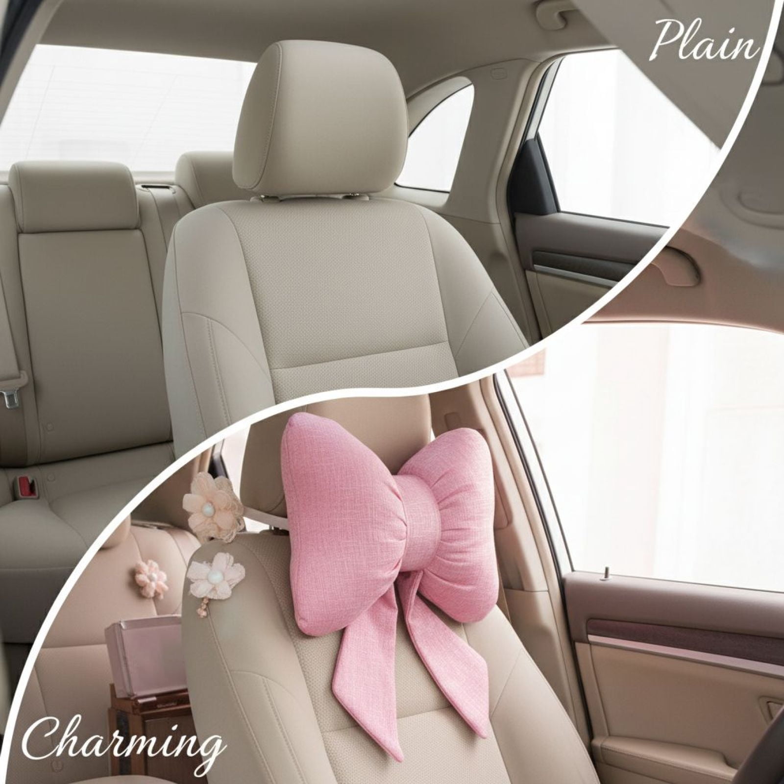 2 Pcs Pink Bow Car Accessories, Cute Car Decor Accessories with Linen Headrest Pillow, Provides Neck Support for Women, Breathable and Comfortable
