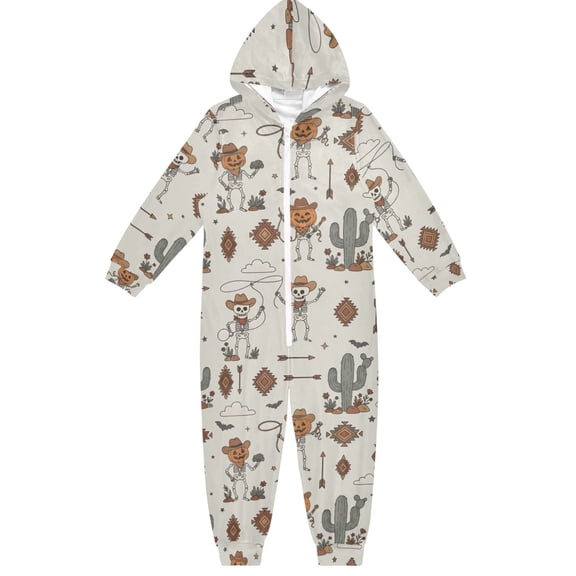 Cowboy Skull Pumpkin Boys & Girls Hooded One-Piece Pajamas Warm Crystal velvet Hooded Long Sleeve Loungewear Jumpsuit Unisex